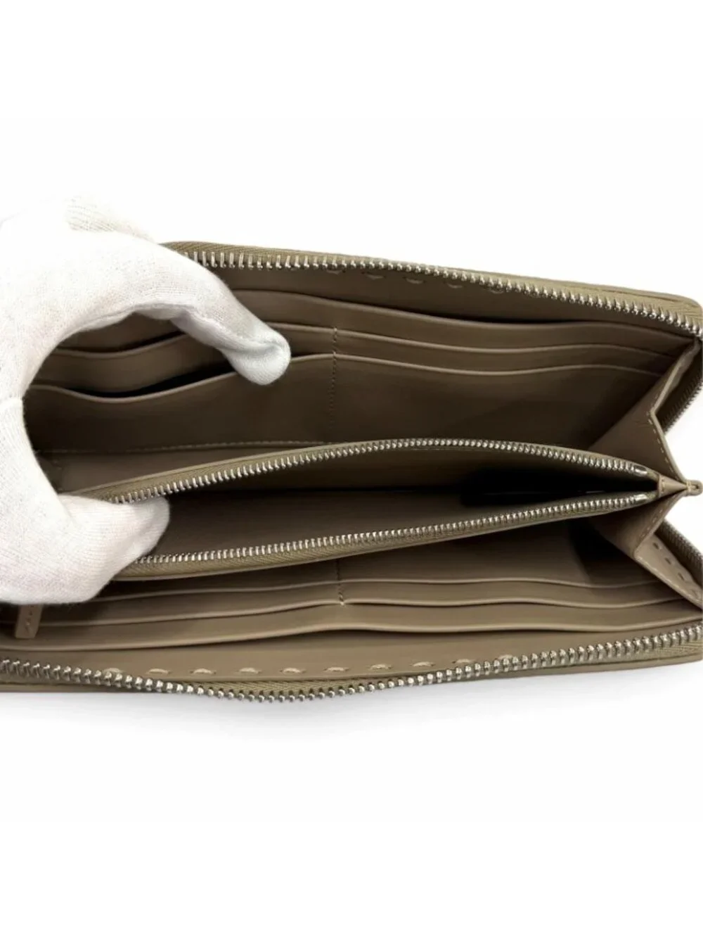 Fendi Dove Gray Logo Selleria Peekaboo Zip Around Leather Wallet